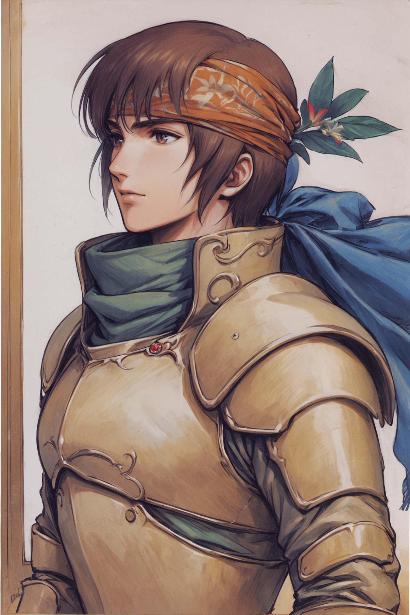 28804-3041726115-solo, 1boy, Parn, male focus, flower, armor, brown hair, scarf, bandana, traditional media, upper body, white background, simple.png